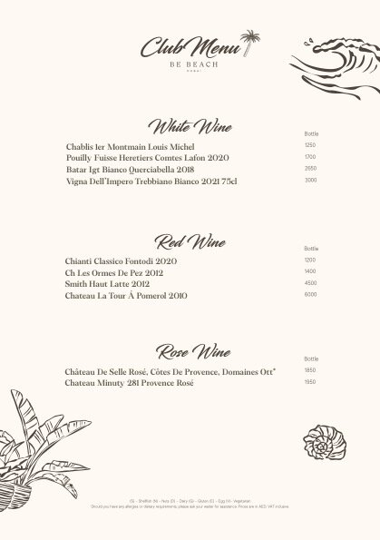 be beach dubai bottle menu