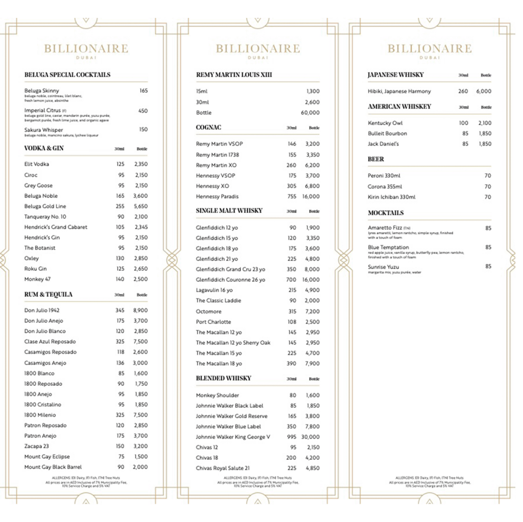 billionaire dubai menu
