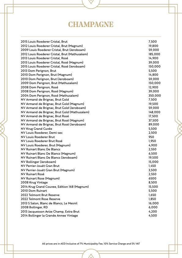 champagne menu billionaire dubai