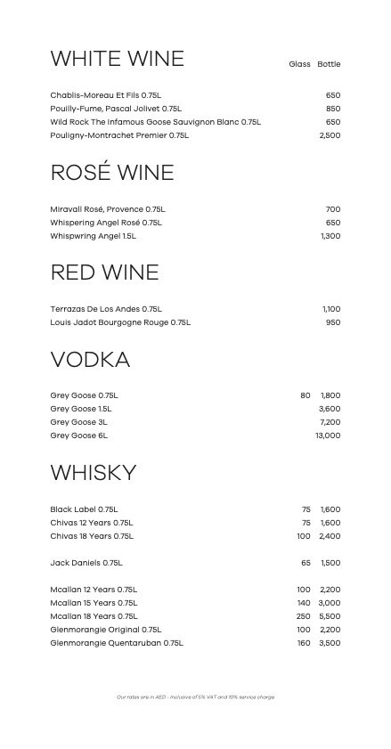 white dubai bottle menu